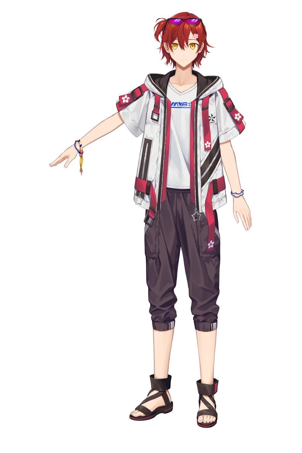 1boy, bracelet, brown_pants, buckle, capri_pants, eyewear_on_head, floral_print, flower