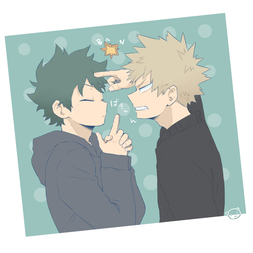2boys, absurdres, ayata-haikyu, bakugou_katsuki, black_shirt, blonde_hair, boku_no_hero_academia, clenched_teeth