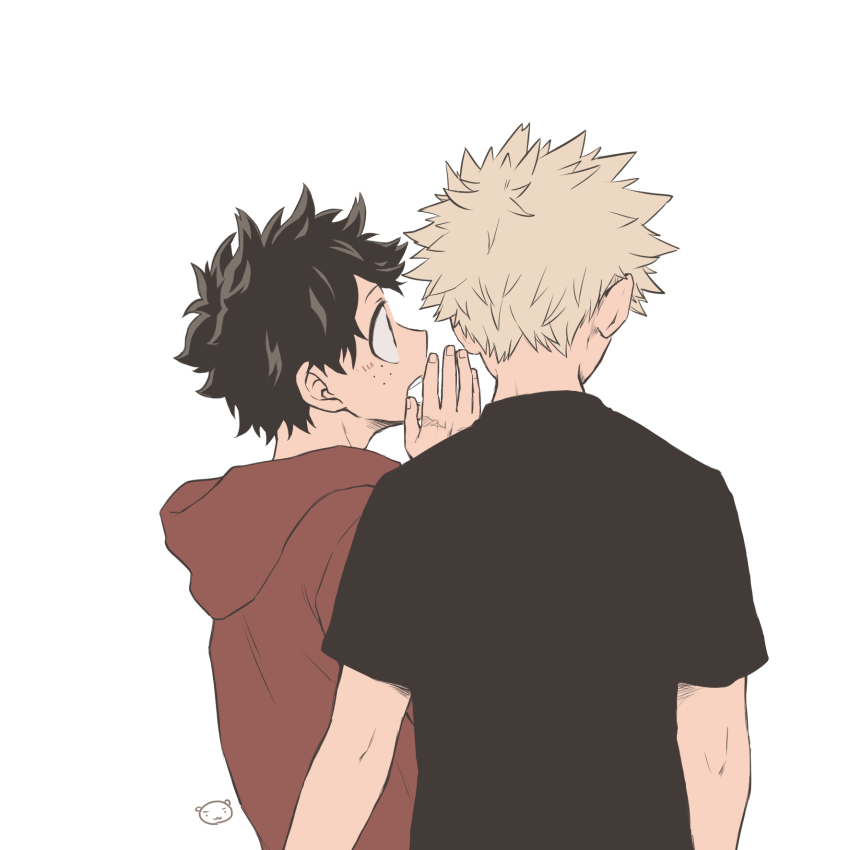 2boys, ayata-haikyu, bakugou_katsuki, black_shirt, blonde_hair, boku_no_hero_academia, freckles, from_behind