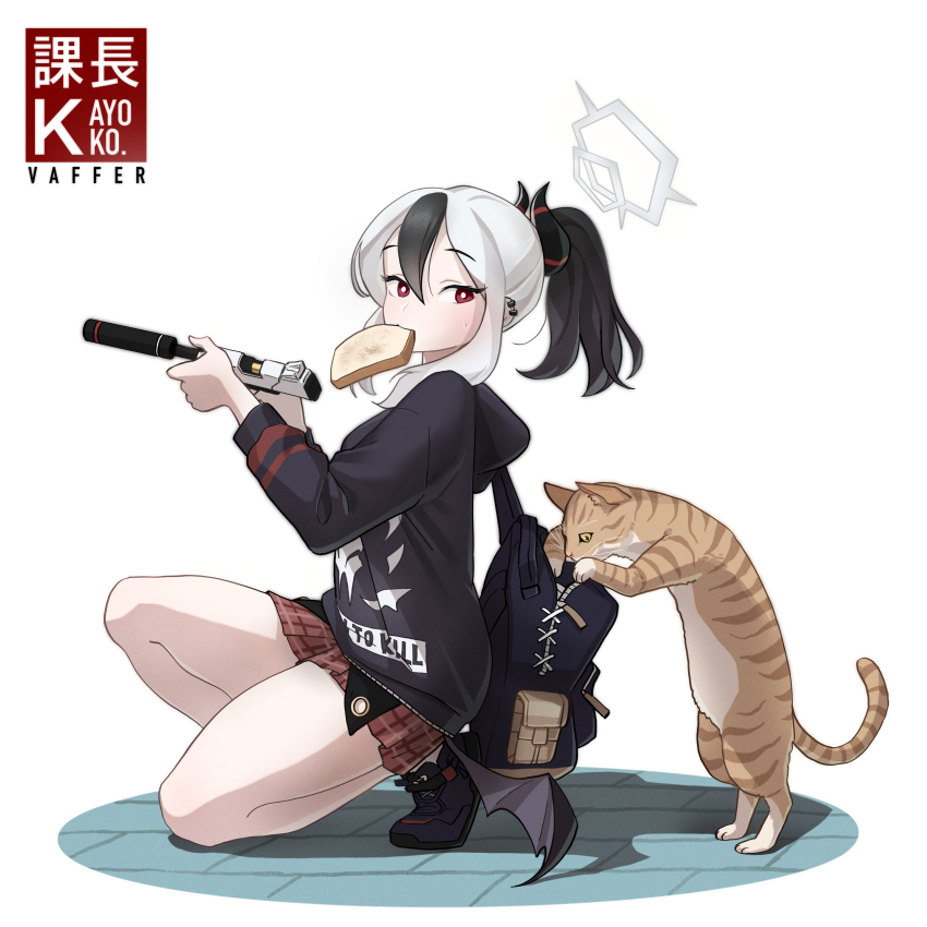 1girl, absurdres, artist_name, backpack, bag, black_bag, black_footwear, black_hair, black_hoodie, black_wings, blue_archive, blush, bread, bread_slice, brick_floor, cat, character_name, demon_horns, demon_wings, food, food_in_mouth, gun, h&amp;k_hk45, h&amp;k_p30, hair_ornament, hairclip, halo, handgun, highres, holding, holding_gun, holding_weapon, hood, hood_down, hoodie, horns, kayoko_(blue_archive), kneeling, long_sleeves, looking_at_another, low_wings, medium_hair, miniskirt, mouth_hold, multicolored_hair, on_one_knee, pistol, plaid_clothes, plaid_skirt, pleated_skirt, ponytail, red_eyes, red_skirt, shoes, simple_background, single_wing, skirt, sneakers, suppressor, sweatdrop, toast, toast_in_mouth, two-tone_hair, vaffer, weapon, white_hair, wings
