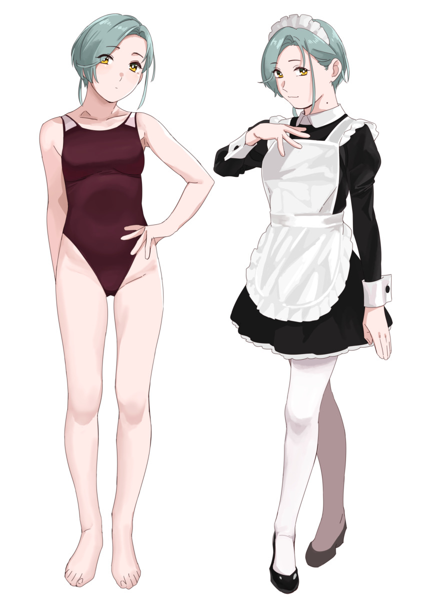 1girl, absurdres, alternate_costume, apron, barefoot, black_dress, breasts, brown_one-piece_swimsuit