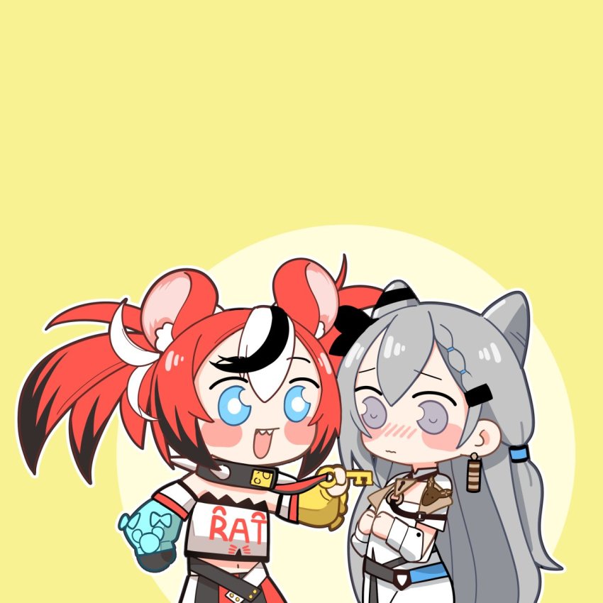 2girls, animal_ears, black_hair, blue_eyes, cone_hair_bun, dress, hair_bun, hair_ornament