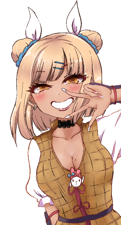 1girl, armor, blonde_hair, blush, breasts, choker, cleavage, double_bun