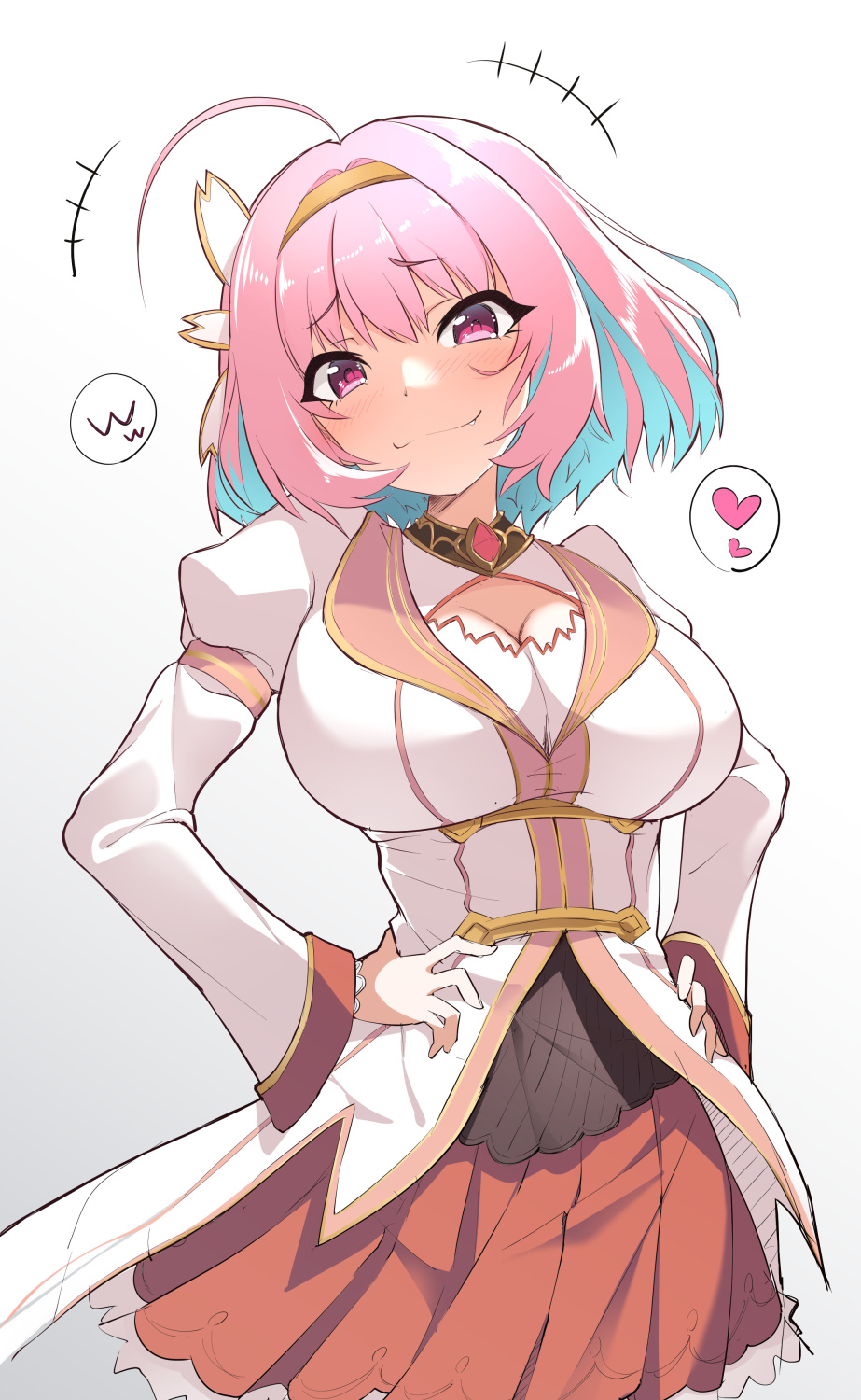 1girl, ahoge, blue_hair, breasts, cleavage, cleavage_cutout, clothing_cutout, commentary_request