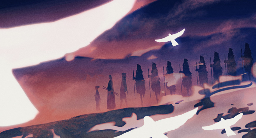 1girl, 2boys, 6+others, bird, fog, from_side, fuu_(samurai_champloo), glowing_bird