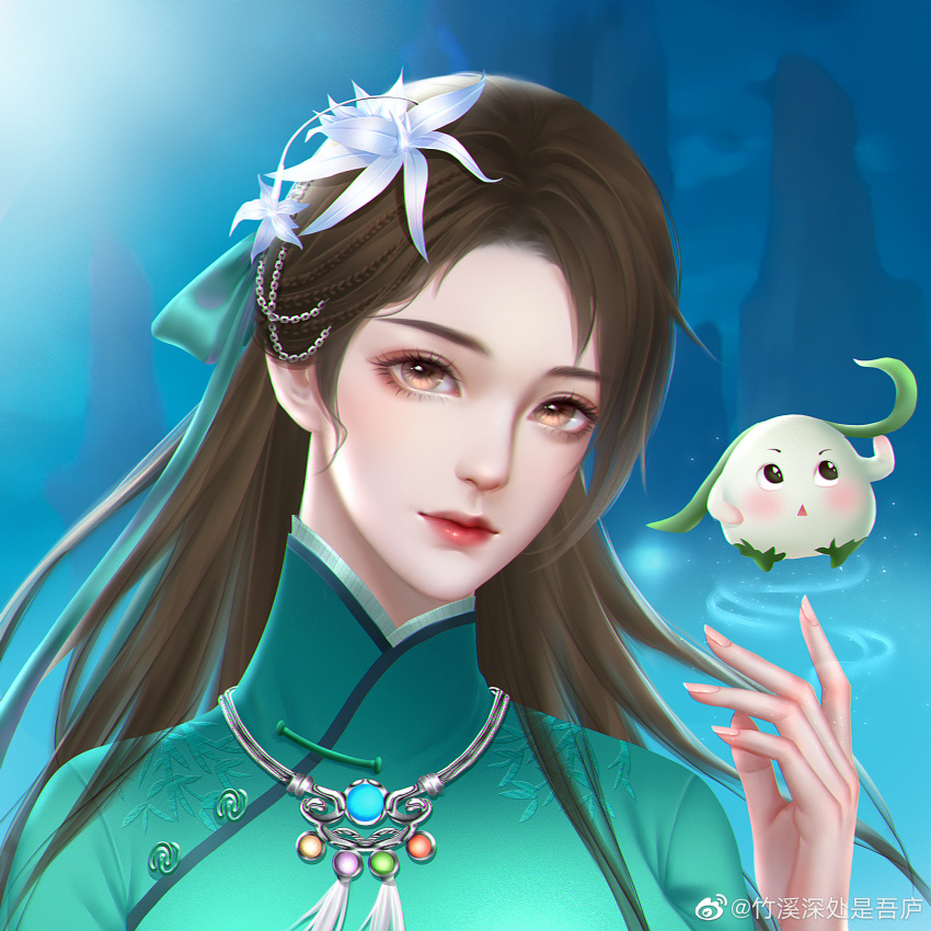 1girl, bird, blue_sky, brown_hair, dress, expressionless, green_dress, hair_ornament, highres, long_hair, mountain, ribbon, sky, watermark, weibo_watermark, xian_jian_qi_xia_zhuan_(series), xianjian_qixia_zhuan, xianjian_qixia_zhuan_7, zhuxi_shenchu_shi_wu_lu