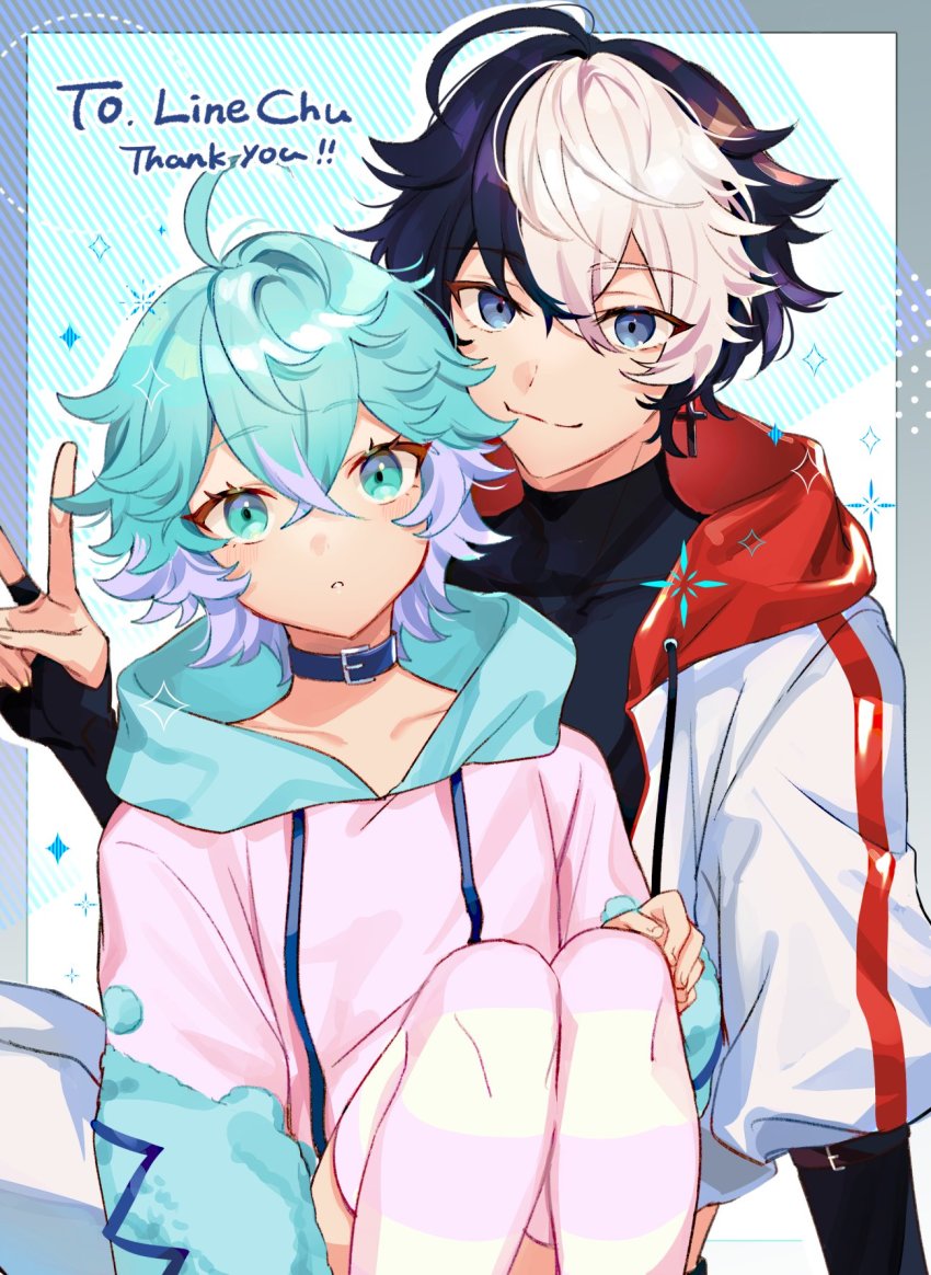 2boys, androgynous, black_hair, blue_eyes, blue_hair, collar, fingerless_gloves, gloves, highres, hood, hood_down, hoodie, indie_virtual_youtuber, jewelry, linechu, looking_at_viewer, messy_hair, miz_(mi), multicolored_hair, multiple_boys, ring, second-party_source, short_hair, skylar_edm, thighhighs, trap, virtual_youtuber, wavy_hair, white_hair, yaoi