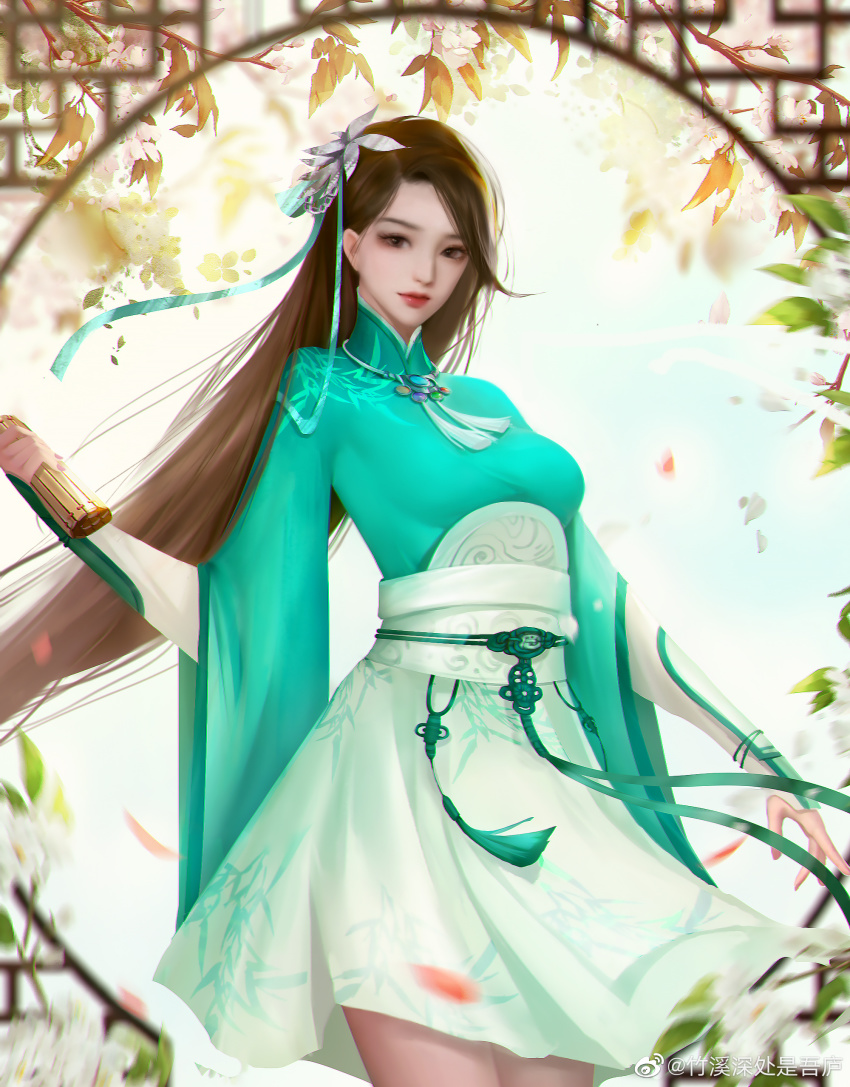 1girl, absurdres, blue_sky, brown_hair, dress, expressionless, green_dress, hair_ornament