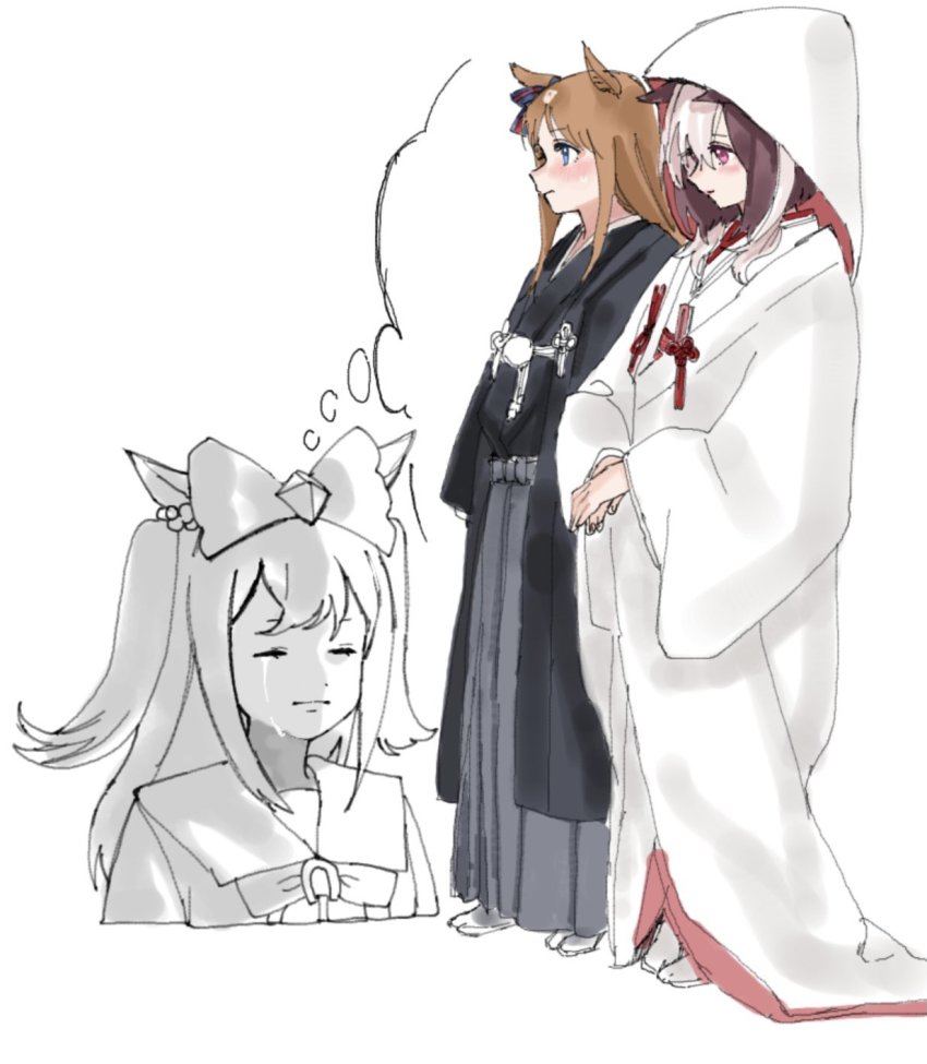 3girls, agnes_digital, animal_ears, black_vs_white, blue_eyes, brown_hair, crying, dress, closed_eyes, female_focus, grass_wonder_(umamusume), highres, horse_ears, horse_girl, imagining, japanese_clothes, kimono, multiple_girls, pink_eyes, special_week_(umamusume), tmy0404, uchikake, umamusume, wedding_dress, wedding_kimono, wife_and_wife, yuri