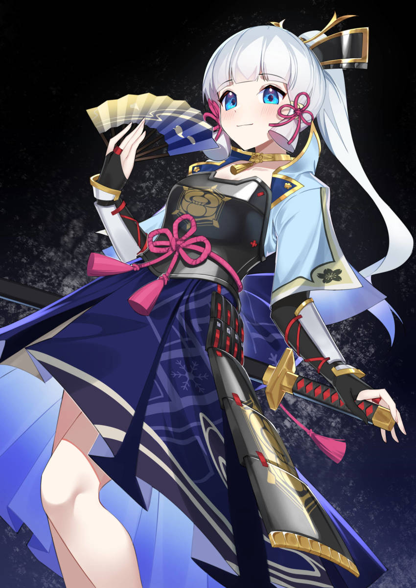 1girl, absurdres, armor, ayaka_(genshin_impact), black_background, black_gloves, blue_eyes, blunt_bangs