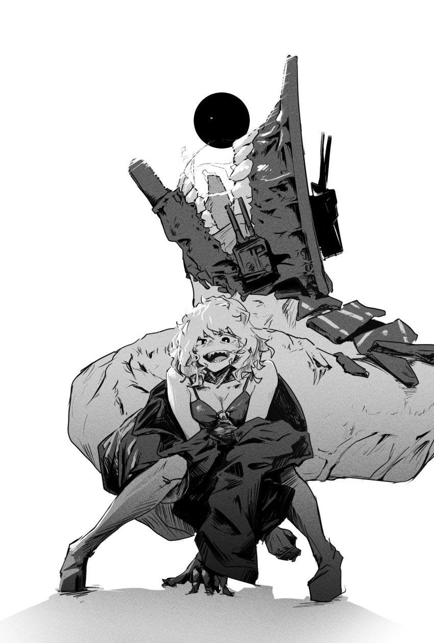 abyssal_ship, breasts, greyscale, highres, hood, hoodie, kantai_collection, kappa_modoki