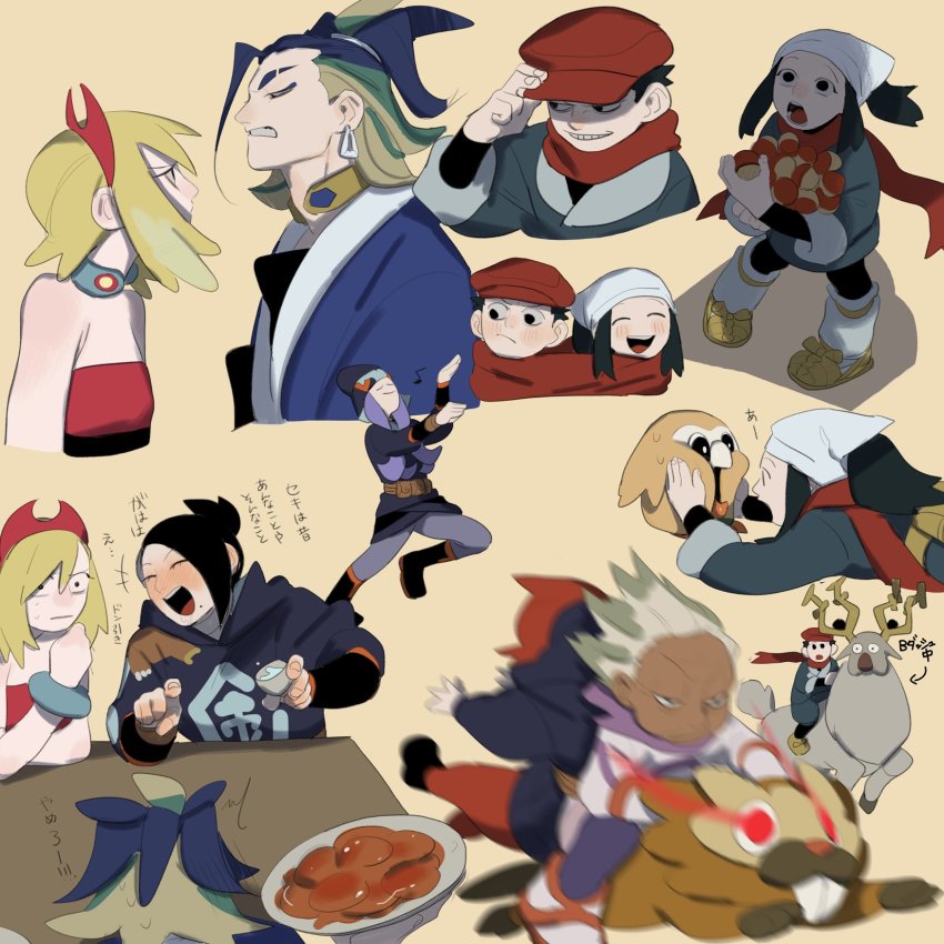 3boys, 5girls, adaman_(pokemon), akari_(pokemon), arezu_(pokemon), bibarel, blonde_hair, calaba_(pokemon)