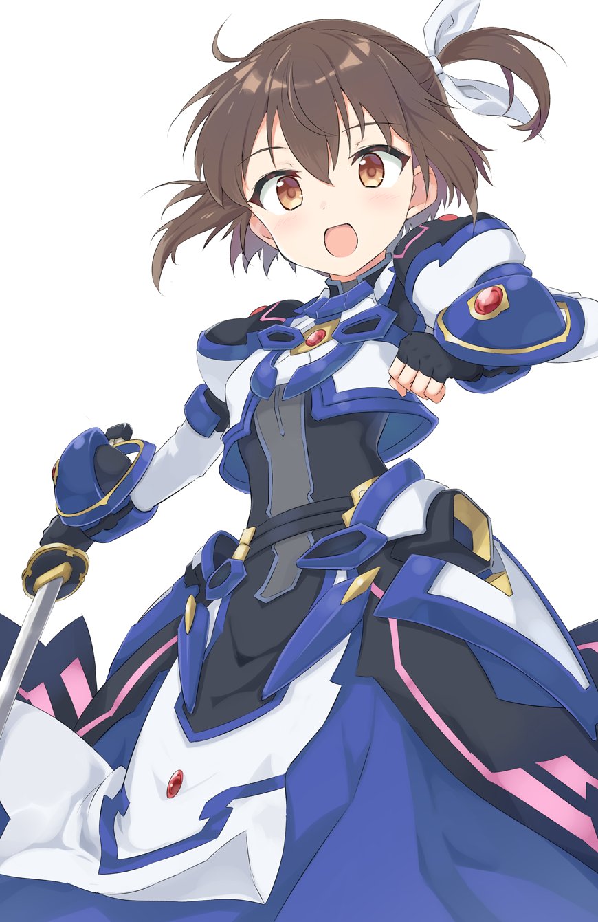 1girl, :d, armor, armored_dress, black_gloves, bracer, brown_hair, commentary