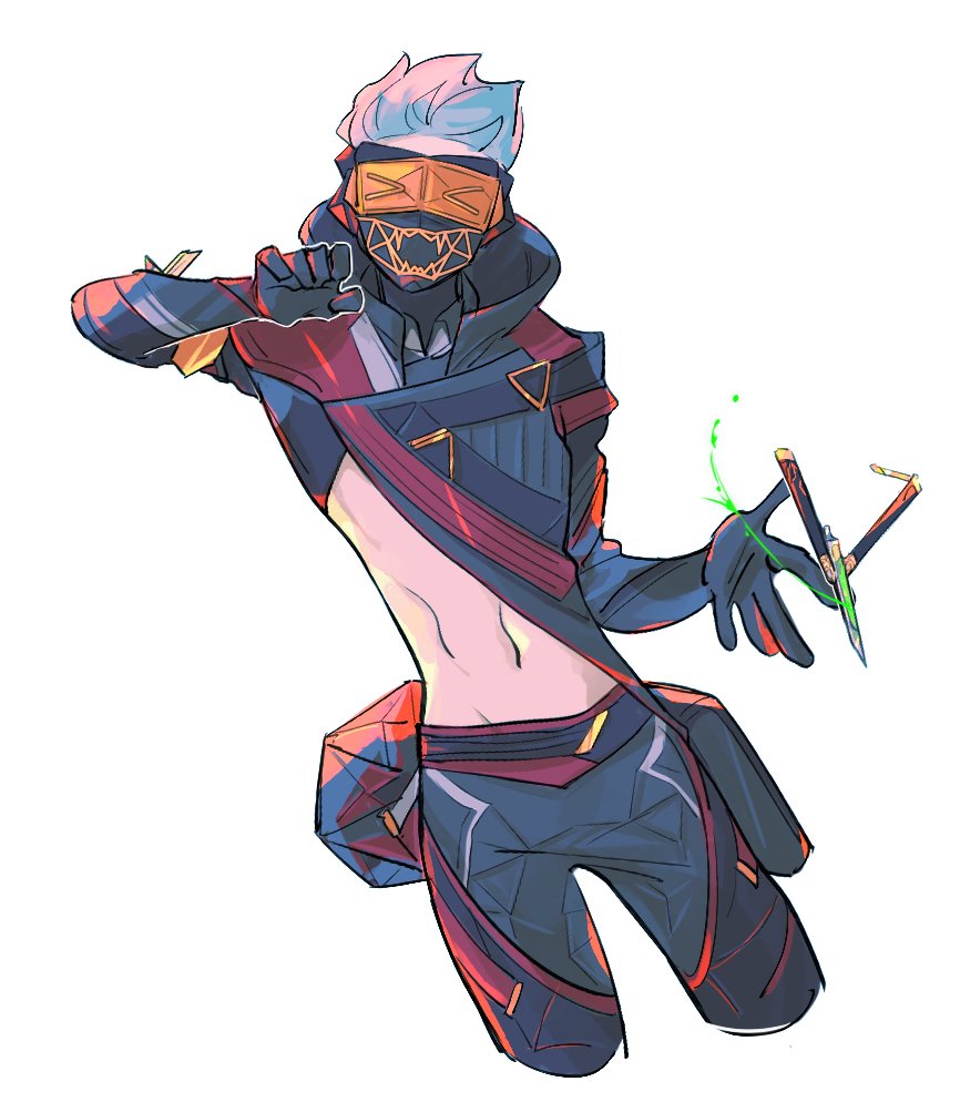 >_<, 1boy, animification, apex_legends, balisong, black_jacket, butterfly_knife_(apex_legends), da_chuang_fang, goggles, grey_hair, holding, holding_knife, jacket, knife, male_focus, mask, midriff, mouth_mask, navel, octane_(apex_legends), official_alternate_costume, overdrive_octane, paw_pose, solo, white_background