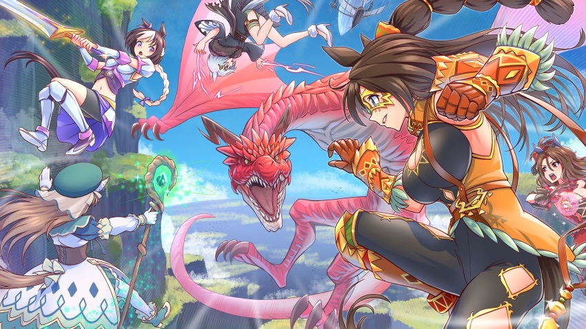 5girls, animal_ears, armor, armored_boots, battle, black_dress, black_pants, blue_eyes