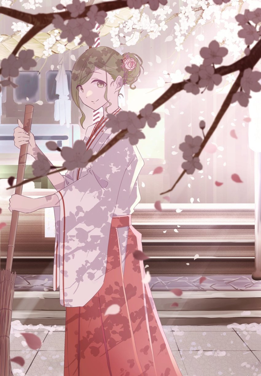 1girl, alternate_costume, asymmetrical_bangs, blurry, broom, cherry_blossoms, depth_of_field, falling_petals