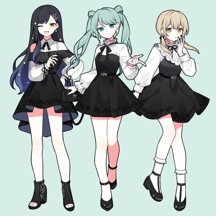 3girls, :d, :o, ;d, azusawa_kohane, bag, belt, black_bag