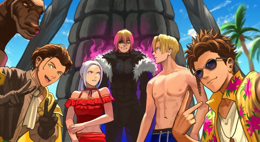 1girl, 2boys, alternate_costume, bikini, blonde_hair, blue_cape, blue_eyes, blue_sky