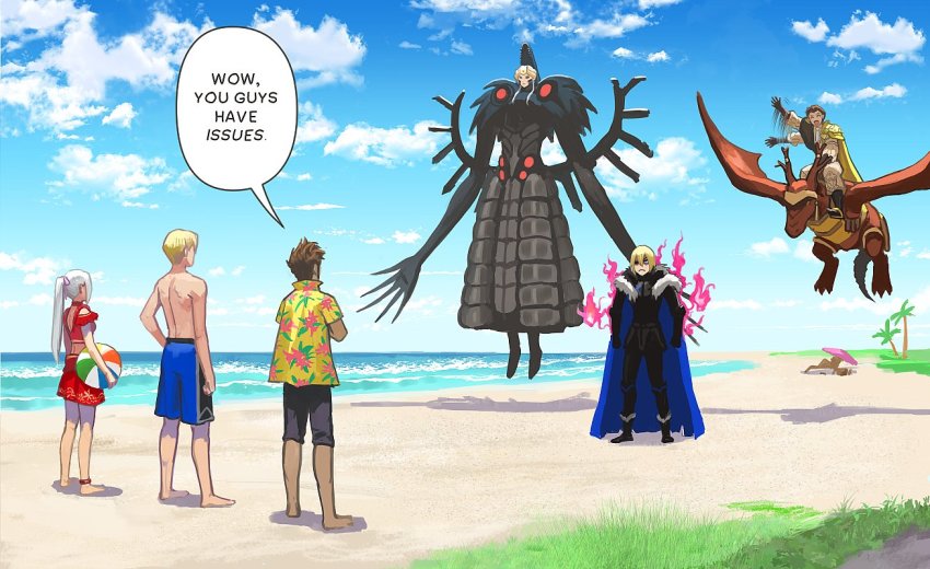 1girl, 2boys, alternate_costume, beach, bikini, black_male_swimwear, black_swim_trunks, blonde_hair, blouse, blue_cape, blue_male_swimwear, blue_sky, blue_swim_trunks, brown_hair, cape, claude_von_riegan, claude_von_riegan_(timeskip), dimitri_alexandre_blaiddyd, dimitri_alexandre_blaiddyd_(timeskip), dragon, edelgard_von_hresvelg, edelgard_von_hresvelg_(hegemon_husk), edelgard_von_hresvelg_(timeskip), english_text, fire, fire_emblem, fire_emblem:_three_houses, fire_emblem_heroes, floating, flying, hawaiian_shirt, male_swimwear, multicolored_male_swimwear, multicolored_swim_trunks, multiple_boys, nintendo, ocean, palm_tree, ponytail, purple_fire, red_bikini, shirt, shorts, sky, speech_bubble, swim_trunks, swimsuit, time_paradox, topless_male, transformation, tree, vetsa, white_hair, wyvern, yellow_cape, yellow_shirt