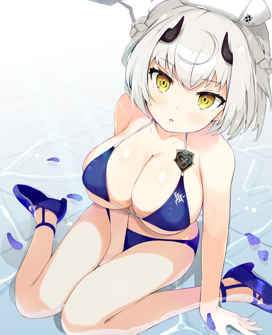 1girl, aku_oribi, between_legs, bikini, blue_archive, blue_bikini, blue_shoes, blush, braid, breasts, cleavage, collarbone, from_above, hand_between_legs, hat, high_heels, horns, large_breasts, looking_at_viewer, parted_lips, partially_submerged, petals, sena_(blue_archive), shoes, short_hair, sitting, skindentation, solo, string_bikini, swimsuit, wariza, water, white_hair, yellow_eyes