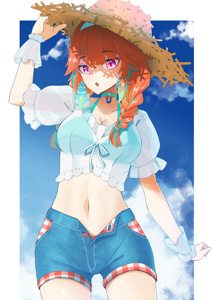 1girl, :o, absurdres, border, braid, breasts, cleavage, cloud, collarbone, commentary, cowboy_shot, earrings, feather_earrings, feathers, hand_up, hat, highres, hololive, hololive_english, isei_sei, jewelry, legs_apart, looking_at_viewer, medium_breasts, multicolored_hair, navel, open_fly, open_mouth, outdoors, pink_eyes, puffy_short_sleeves, puffy_sleeves, see-through_clothes, see-through_sleeves, shaded_face, shadow, short_sleeves, shorts, sky, solo, straw_hat, takanashi_kiara, takanashi_kiara_(casual), two-tone_hair, virtual_youtuber, white_border, wrist_cuffs