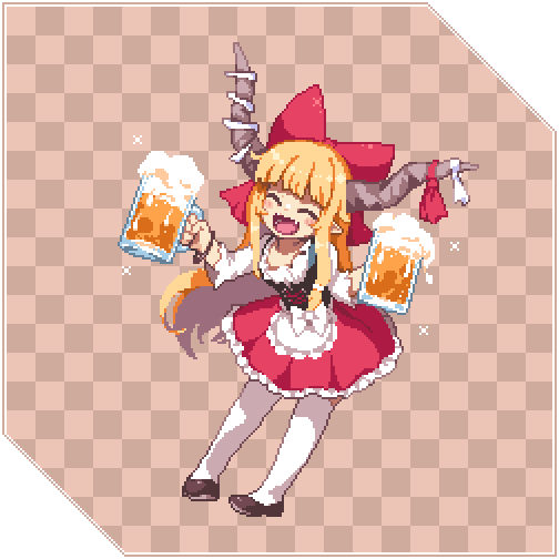 1girl, ^_^, alternate_costume, beer_mug, blush, bow, closed_eyes, cup, dirndl, fangs, full_body, german_clothes, hair_bow, holding, holding_cup, horn_ornament, horn_ribbon, horns, ibuki_suika, kumamoto_(bbtonhk2), long_hair, long_sleeves, mug, oktoberfest, oni_horns, open_mouth, orange_hair, pixel_art, pointy_ears, red_bow, red_ribbon, ribbon, smile, solo, thighhighs, touhou, white_thighhighs