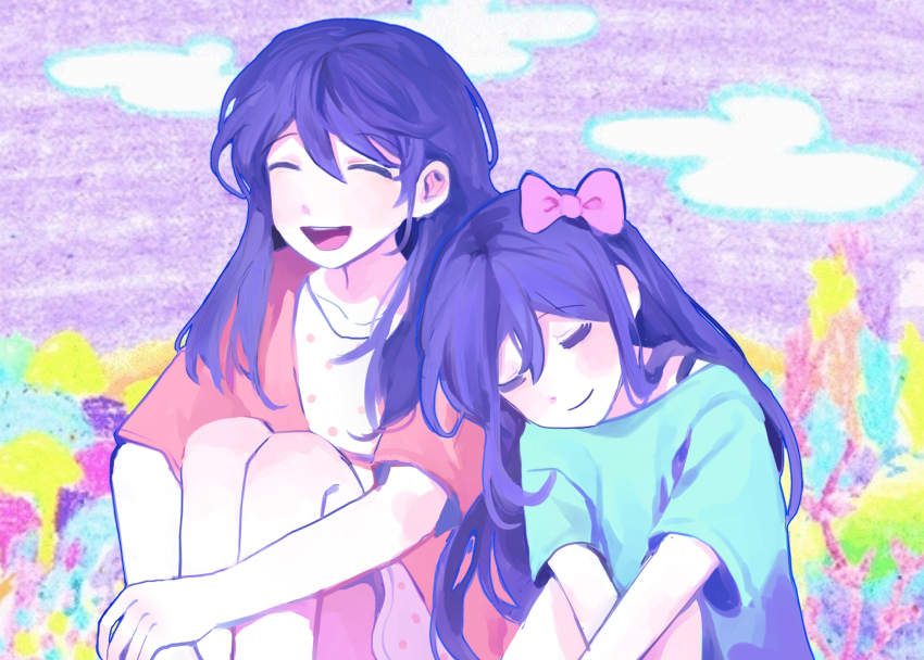 2girls, :d, ^_^, aqua_shirt, aubrey_(headspace)_(omori), aubrey_(omori), bow, bra_strap