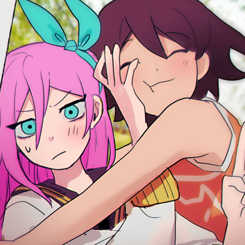 1boy, 1girl, :3, :t, aqua_eyes, aqua_hairband, aubrey_(faraway)_(omori), aubrey_(omori)