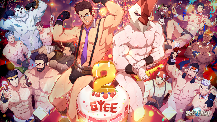 1girl, 6+boys, abs, animal_ears, anniversary, antonio_(gyee), apron, armpits