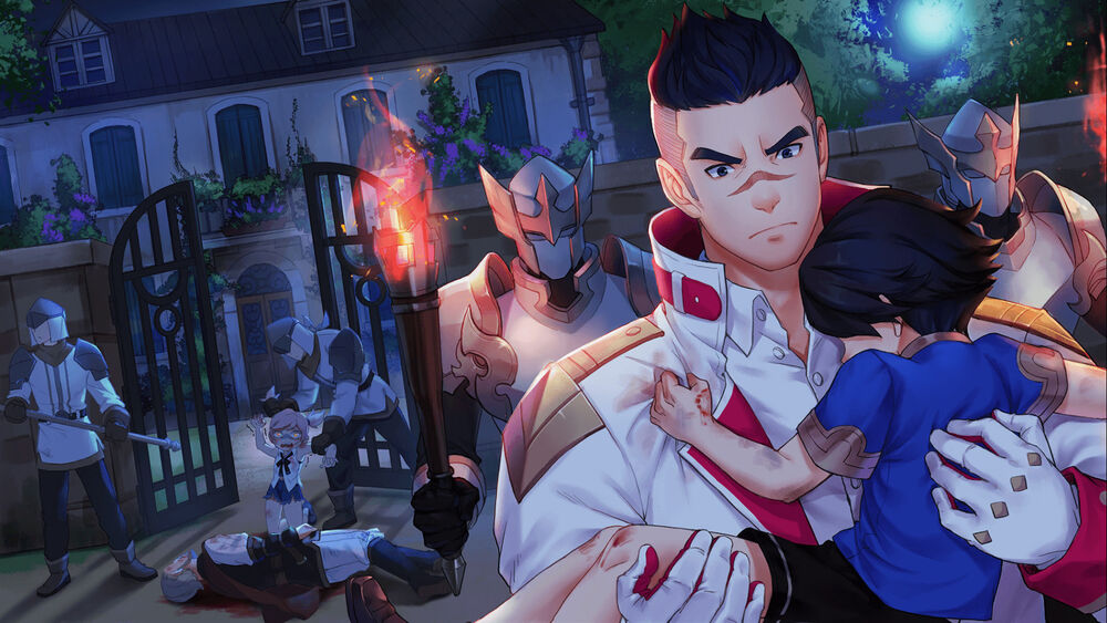 1girl, armor, bite_mark, black_eyes, black_hair, blood, boots, brian_(gyee), buzz_cut, catherine_(gyee), child, clenched_hand, collared_jacket, collared_shirt, death, door, dress, fire, flower, gloves, gyee, helmet, injury, jacket, kneeling, lifting_another's_clothes, lifting_person, mansion, moon, multiple_boys, night, official_art, old, old_man, open_clothes, open_jacket, open_mouth, outdoors, pants, pink_hair, plant, quiver, scared, serious, shawn_(gyee), shirt, shoes, short_hair, shorts, shoulder_pads, sideburns, skirt, soldier, t-shirt, thick_eyebrows, torch, torn_clothes, very_short_hair, weapon, white_jacket, white_shirt, window, yellow_eyes