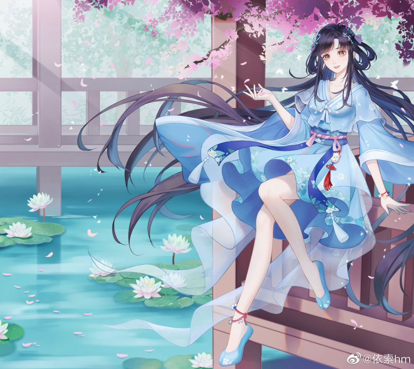 1girl, bai_moqing_(xian_jian_qi_xia_zhuan_7), bare_legs, black_hair, blue_dress, dress, hair_rings, high_heels