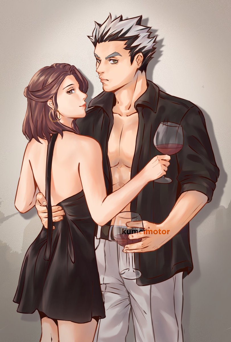 1boy, 1girl, alternate_hairstyle, black_dress, black_shirt, bokuto_koutarou, brown_hair, closed_mouth