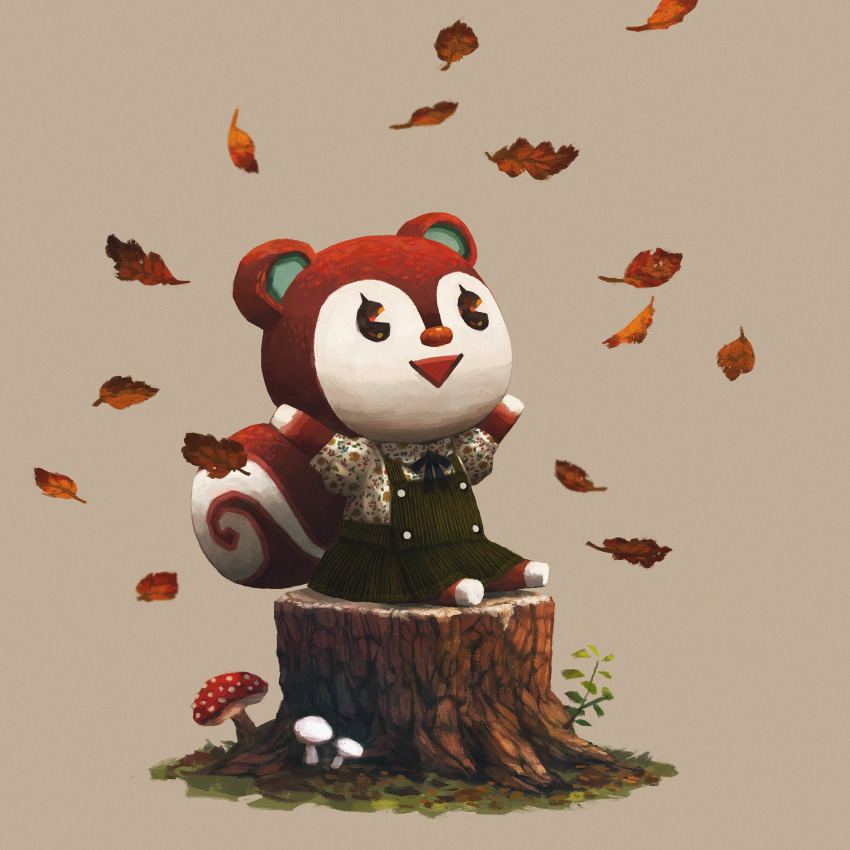 absurdres, animal_crossing, autumn_leaves, falling_leaves, highres, leaf, light_brown_background, mushroom, nintendo, omochi_freedom, poppy_(animal_crossing), sitting, on_tree_stump, squirrel