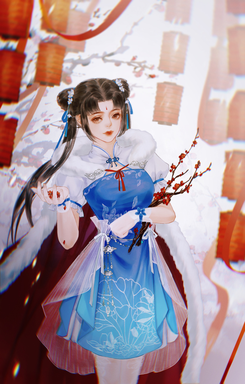 1girl, absurdres, bai_moqing_(xian_jian_qi_xia_zhuan_7), bare_legs, bare_tree, blue_dress, branch, brown_hair