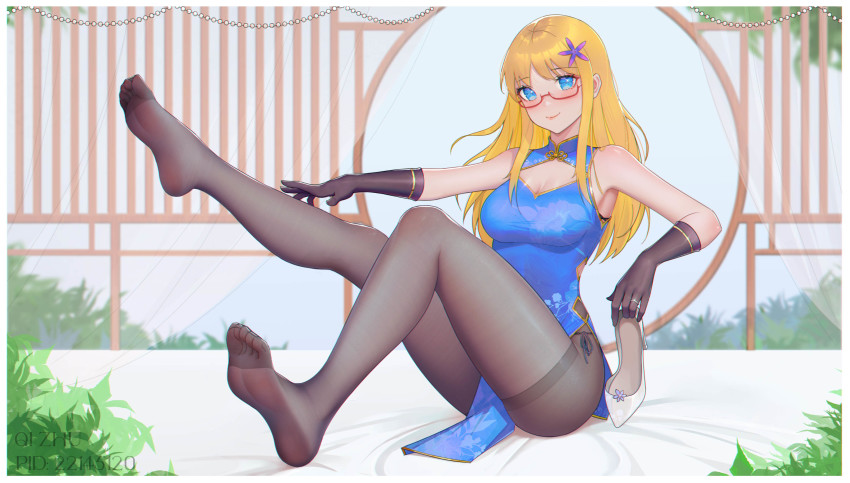 1girl, absurdres, armpits, bare_shoulders, barefoot, black_pantyhose, blonde_hair, china_dress, chinese_clothes, clothes_between_thighs, dress, elbow_gloves, feet, glasses, gloves, hair_ornament, high_heels, highres, holding, holding_shoes, holding_unworn_clothes, hood_(warship_girls_r), leg_up, long_hair, looking_at_viewer, no_shoes, pantyhose, qizhu, red-framed_eyewear, shoes, soles, thighs, toes, unworn_shoes, warship_girls_r