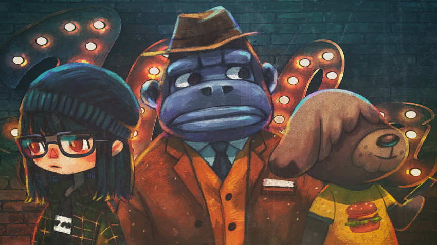 animal_crossing, beanie, black_hair, brick_wall, coat, fedora, glasses, hat