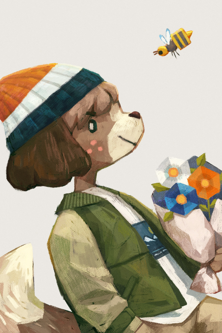 absurdres, animal_crossing, beanie, bee, bouquet, bug, digby_(animal_crossing), dog