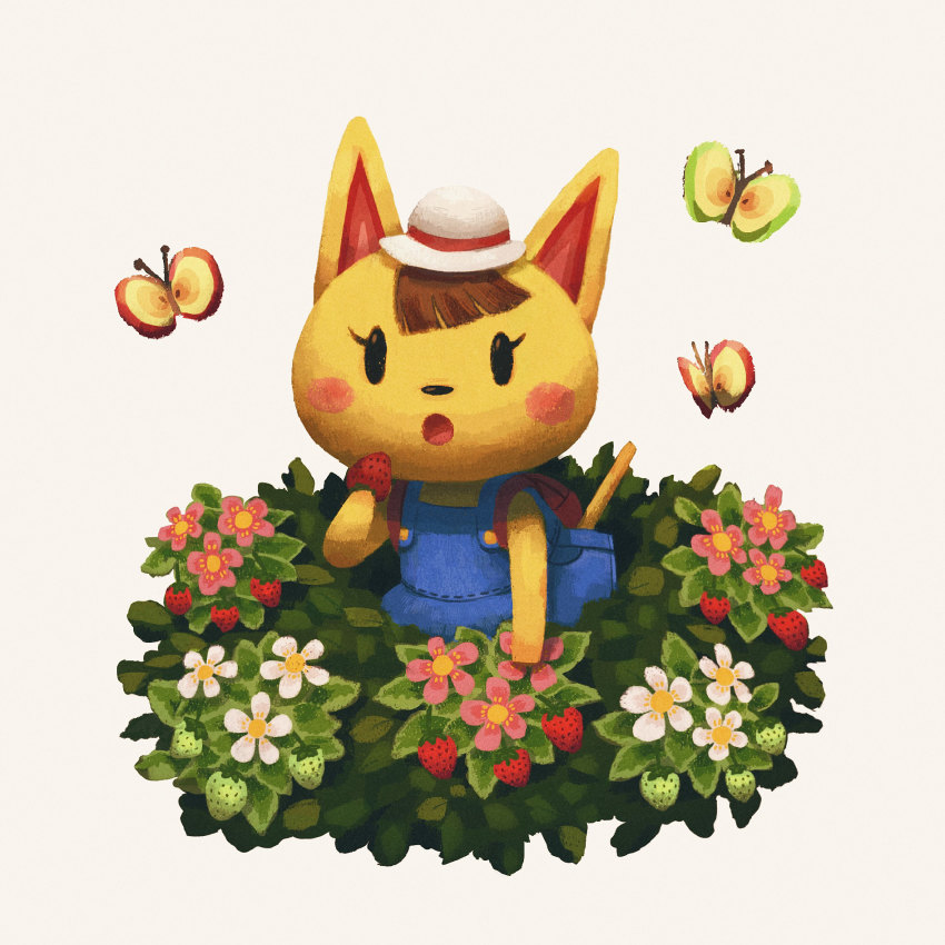 1girl, animal_crossing, bug, bush, butterfly, cat, dress, flower