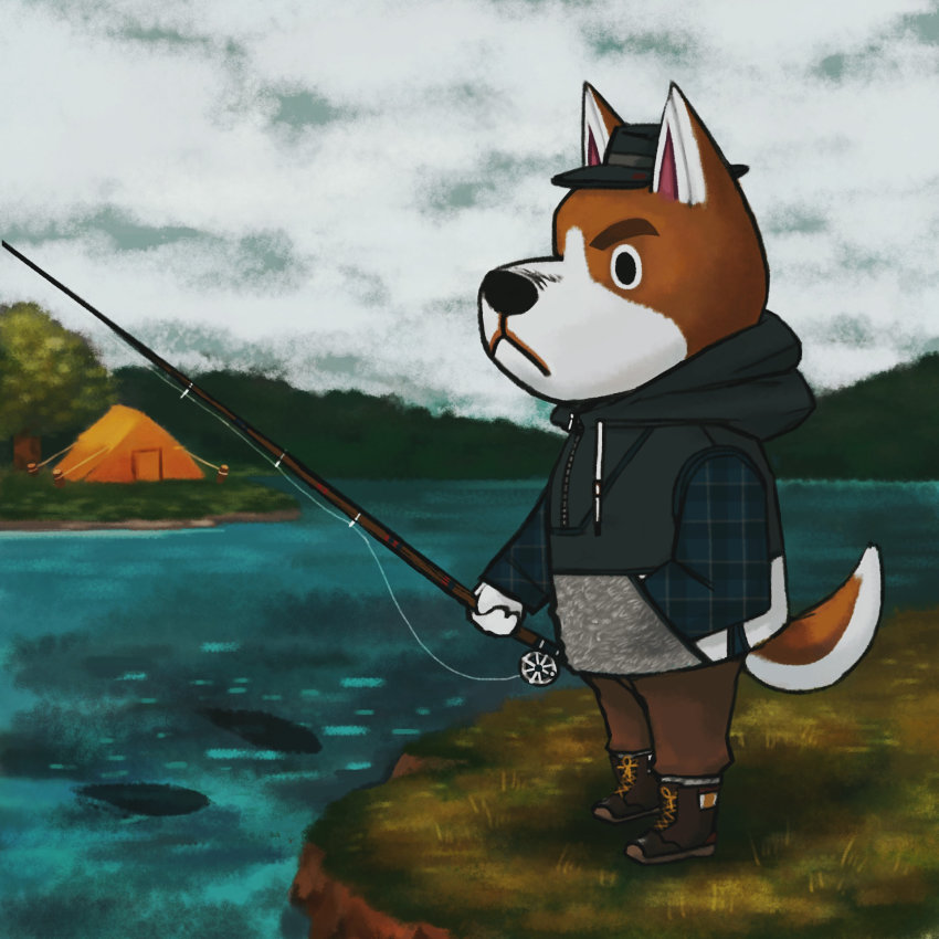 animal_crossing, boots, coat, copper_(animal_crossing), dog, fish, fishing, fishing_rod, grass, grey_sky, hand_on_pocket, hat, highres, looking_down, nintendo, omochi_freedom, pants, river, sky, standing, tent
