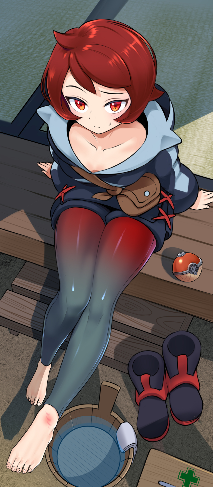 1girl, absurdres, arezu_(pokemon), bag, barefoot, blue_shorts, blue_sweater, bucket