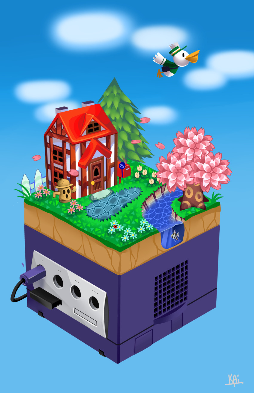 animal_crossing, animal_crossing_gamecube, blue_background, blue_sky, cedar_tree, cherry_blossoms, game_console, gamecube