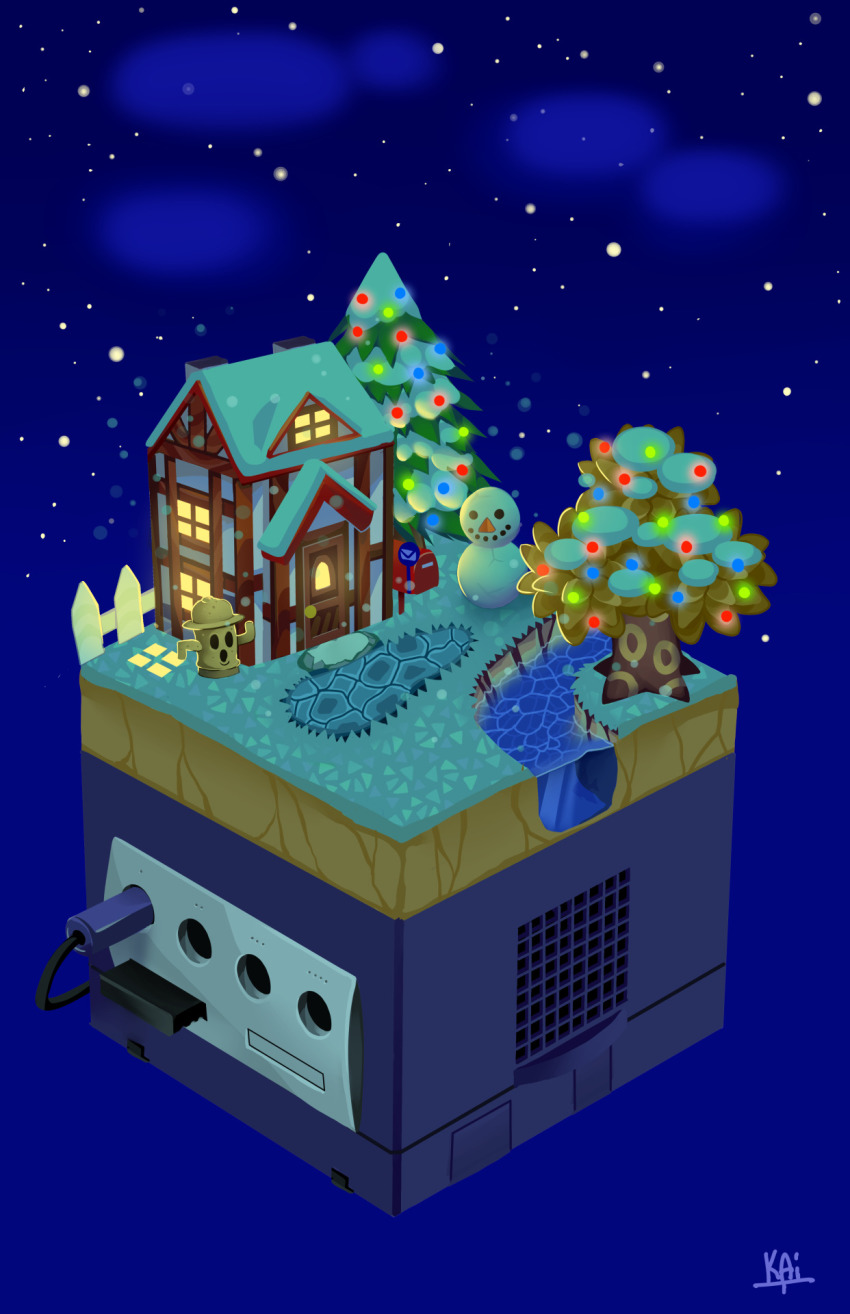 animal_crossing_gamecube, cedar_tree, christmas_lights, christmas_tree, flower, game_console, gamecube, gyroid_(animal_crossing), highres, house, kai_texel, night, river, sky, snow, snowman, star_(sky), starry_sky, sunset, tree, tulip