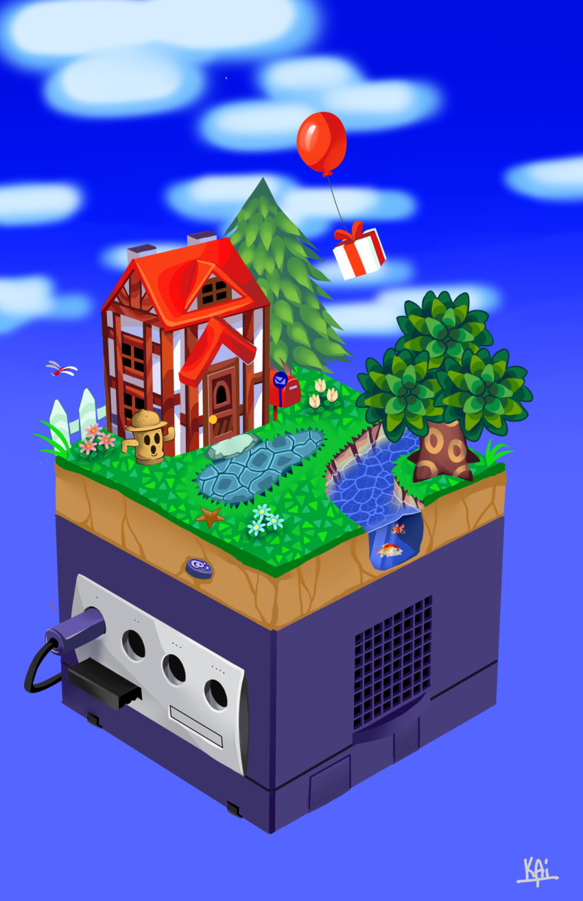 animal_crossing_gamecube, balloon, blue_background, blue_sky, box, bug, cedar_tree, dragonfly, flower, game_console, gamecube, gift, gift_box, gyroid_(animal_crossing), highres, house, insect, kai_texel, river, sky, sunset, tree, tulip