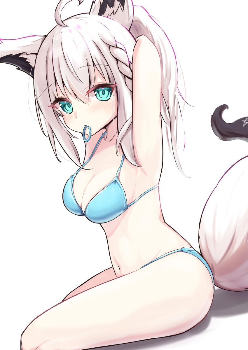 1girl, absurdres, ahoge, animal_ear_fluff, animal_ears, armpits, batarop, bikini