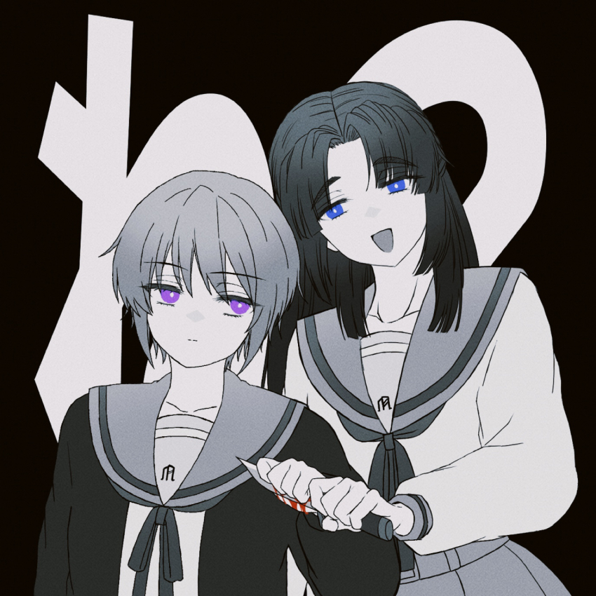 2girls, asakura_ryoko, belt, blood, blue_eyes, cardigan, collarbone, commentary_request, expressionless, highres, holding, holding_knife, kita_high_school_uniform, knife, long_hair, long_sleeves, looking_at_another, monochrome, multiple_girls, nagato_yuki, open_mouth, parted_bangs, ribbon, rizu_geass, sailor_collar, school_uniform, serafuku, short_hair, skirt, smile, spot_color, suzumiya_haruhi_no_yuuutsu