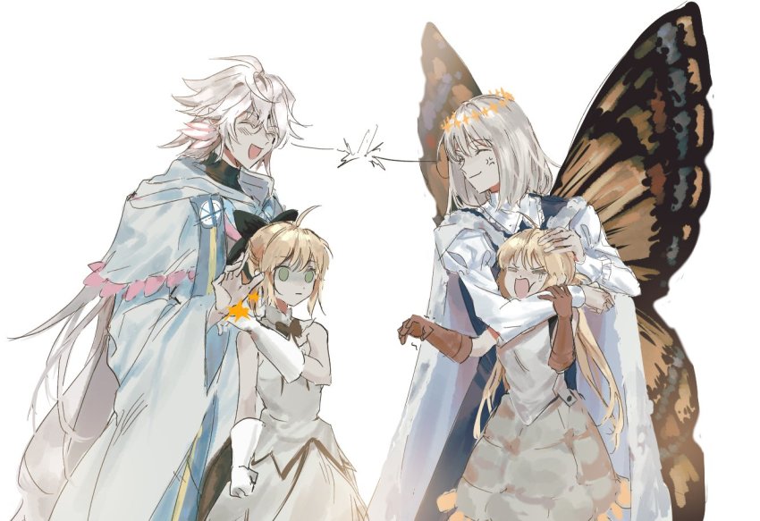 2boys, 2girls, ahoge, anger_vein, artoria_caster_(fate), artoria_caster_(first_ascension)_(fate), artoria_pendragon_(fate), blonde_hair