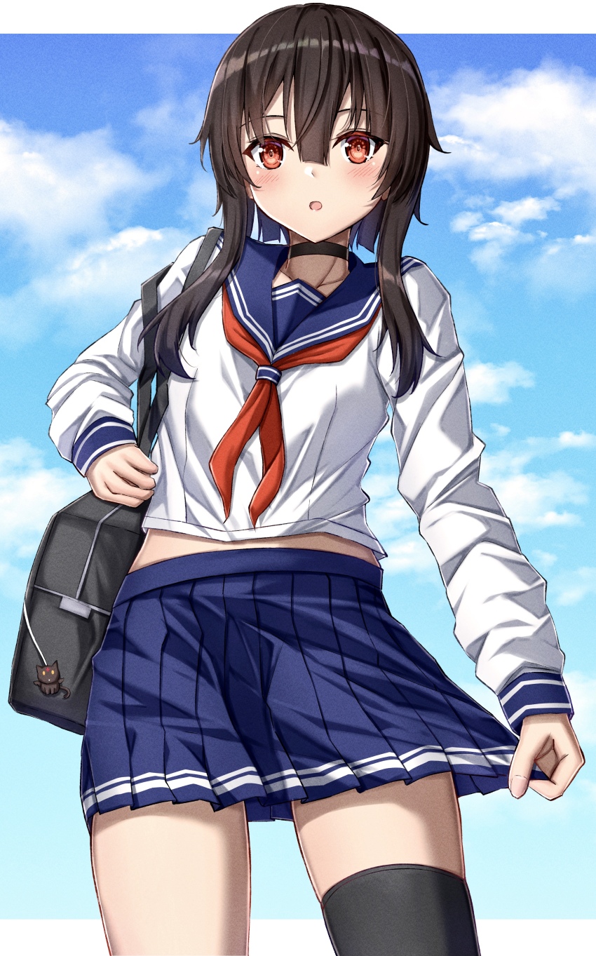 1girl, absurdres, alternate_costume, bag, black_bag, black_choker, black_hair, black_thighhighs