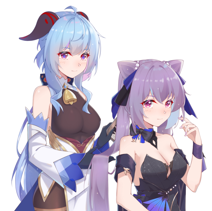 2girls, ahoge, arm_ribbon, bell, black_dress, black_gloves, blue_hair, bodysuit