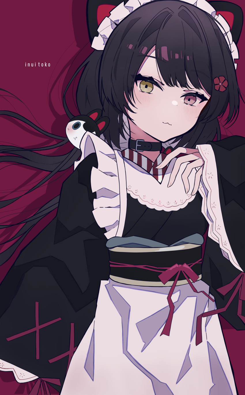 1girl, :3, animal_collar, animal_ears, blush, bow, brown_hair, collar