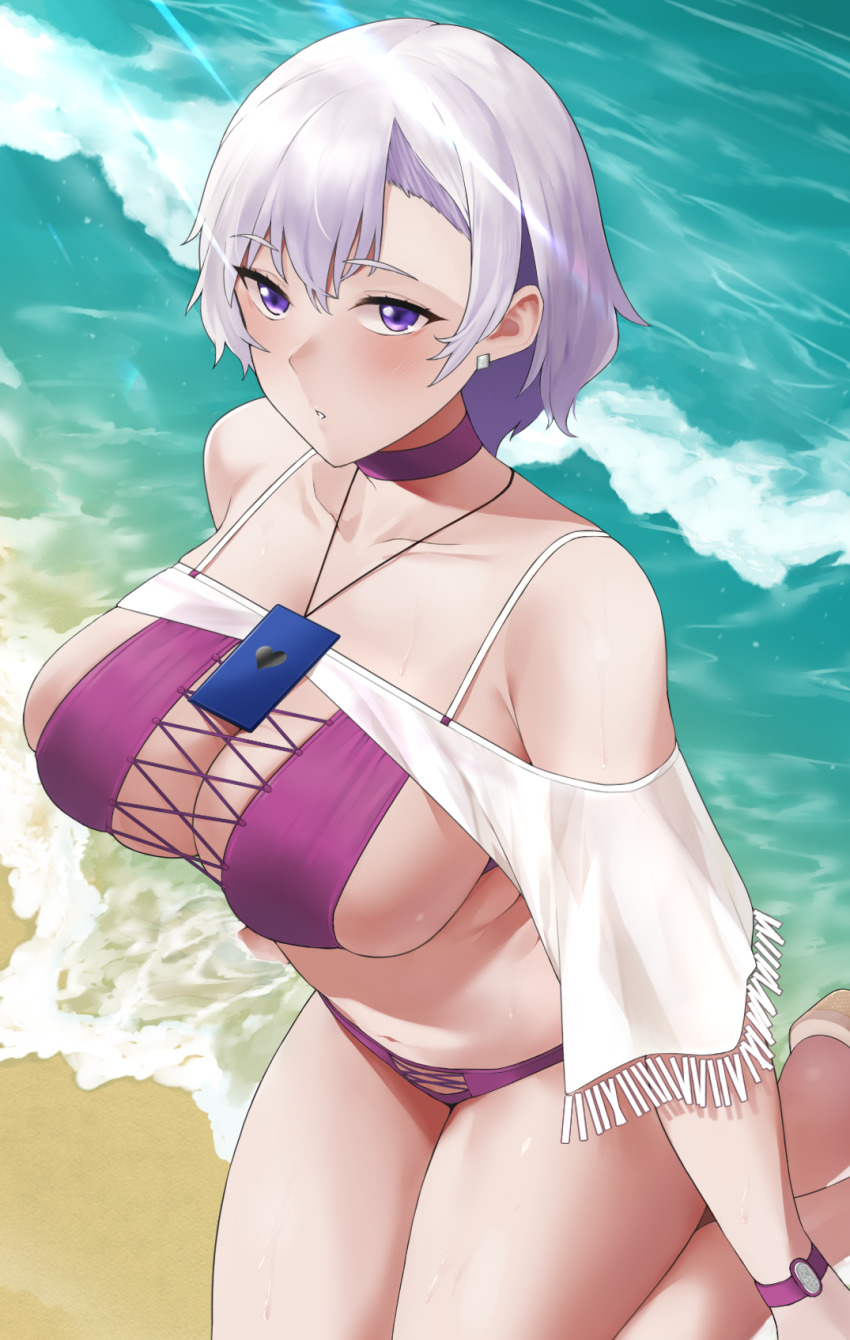 1girl, azur_lane, bad_id, bad_pixiv_id, bare_shoulders, beach, beige_footwear, bikini